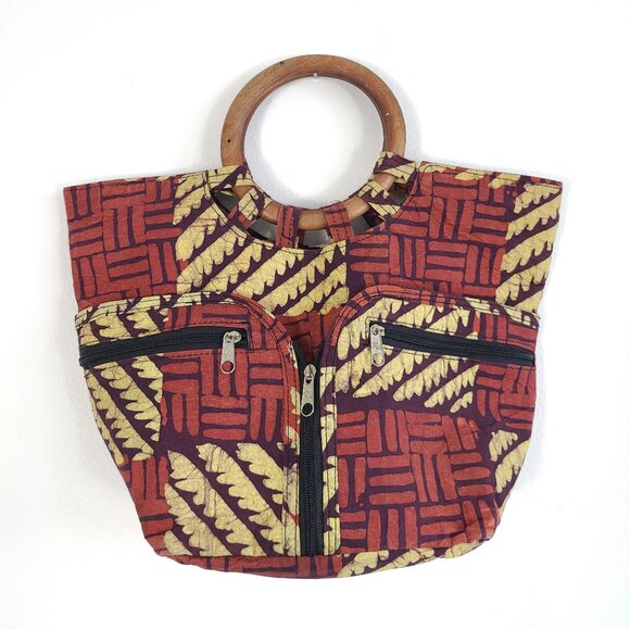 Retro Patterned Wooden Handle Tote Bag Purse - Picture 1 of 7